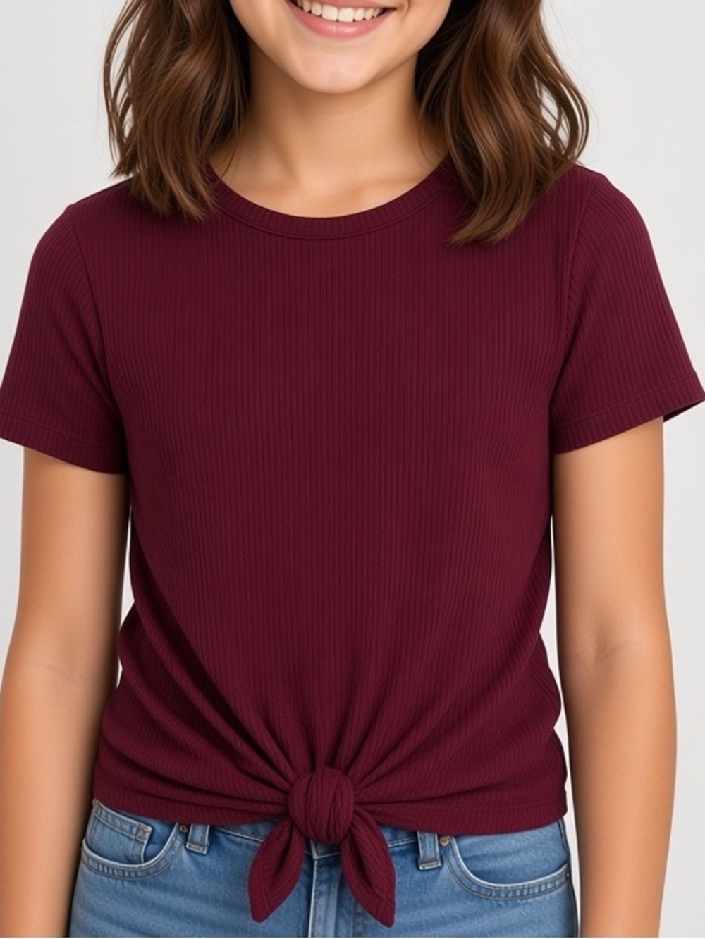 Old Navy | Burgundy knotted front knit short sleeve top girl’s size 6/7 …